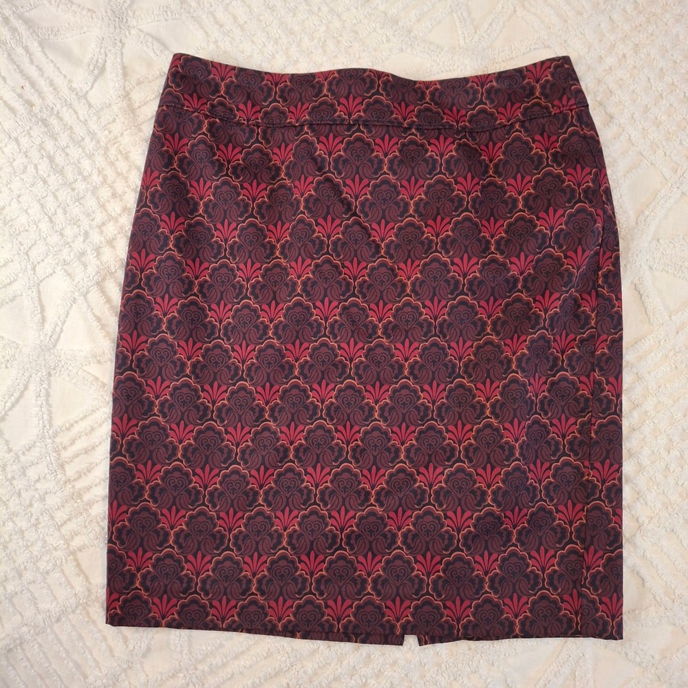 Ann Taylor LOFT Size 6 Burgundy Red Damask Floral Cotton Pencil Skirt‎  Office